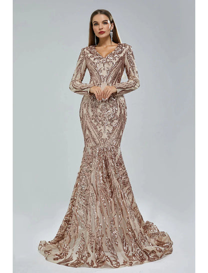 Vestido de noche de sirena/trompeta con brillo y destellos, vestido formal de corte en cola, manga larga, cuello en V, encaje afroamericano con lentejuelas