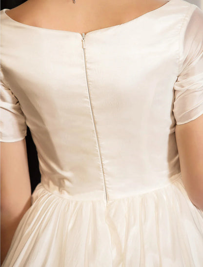 Vestidos de novia blancos cortos de recepción vintage de los años 40/50, vestidos de novia de corte A, escote en V, manga corta, largo hasta la rodilla, de satén con encaje entrecruzado.