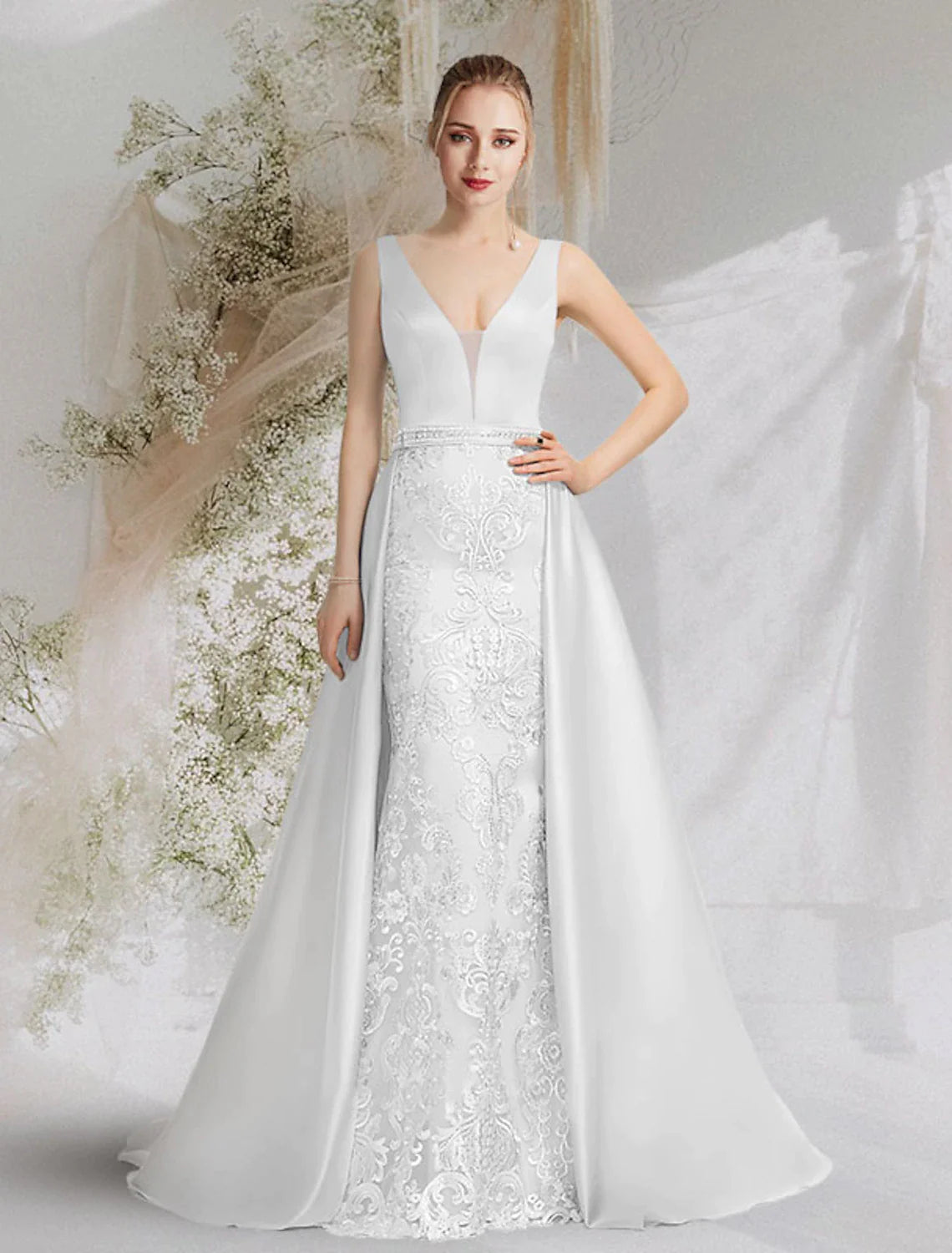 Vestidos de fiesta de sirena/trompeta, lujosos, formales de noche, con cola de corte, sin mangas, escote en V, satén con apliques sobrefalda.