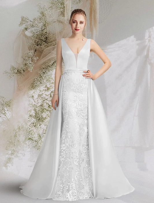 Vestidos de fiesta de sirena/trompeta, lujosos, formales de noche, con cola de corte, sin mangas, escote en V, satén con apliques sobrefalda.