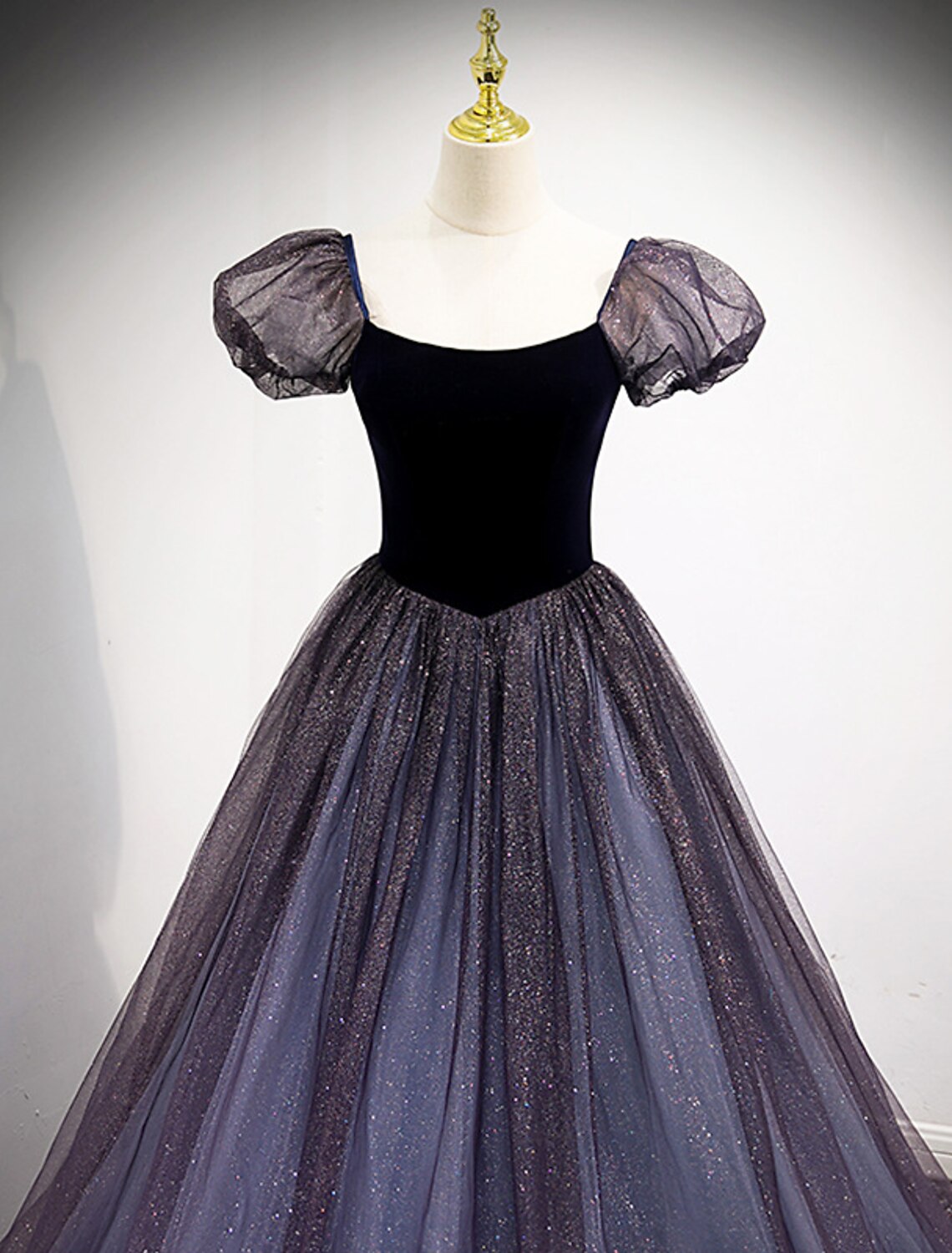 Vestido de fiesta de gala, bonito vestido de compromiso, largo hasta el suelo, manga corta, cuello cuadrado, tul con empalme de lentejuelas