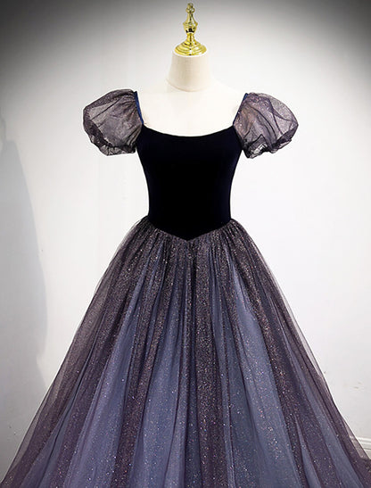 Vestido de fiesta de gala, bonito vestido de compromiso, largo hasta el suelo, manga corta, cuello cuadrado, tul con empalme de lentejuelas