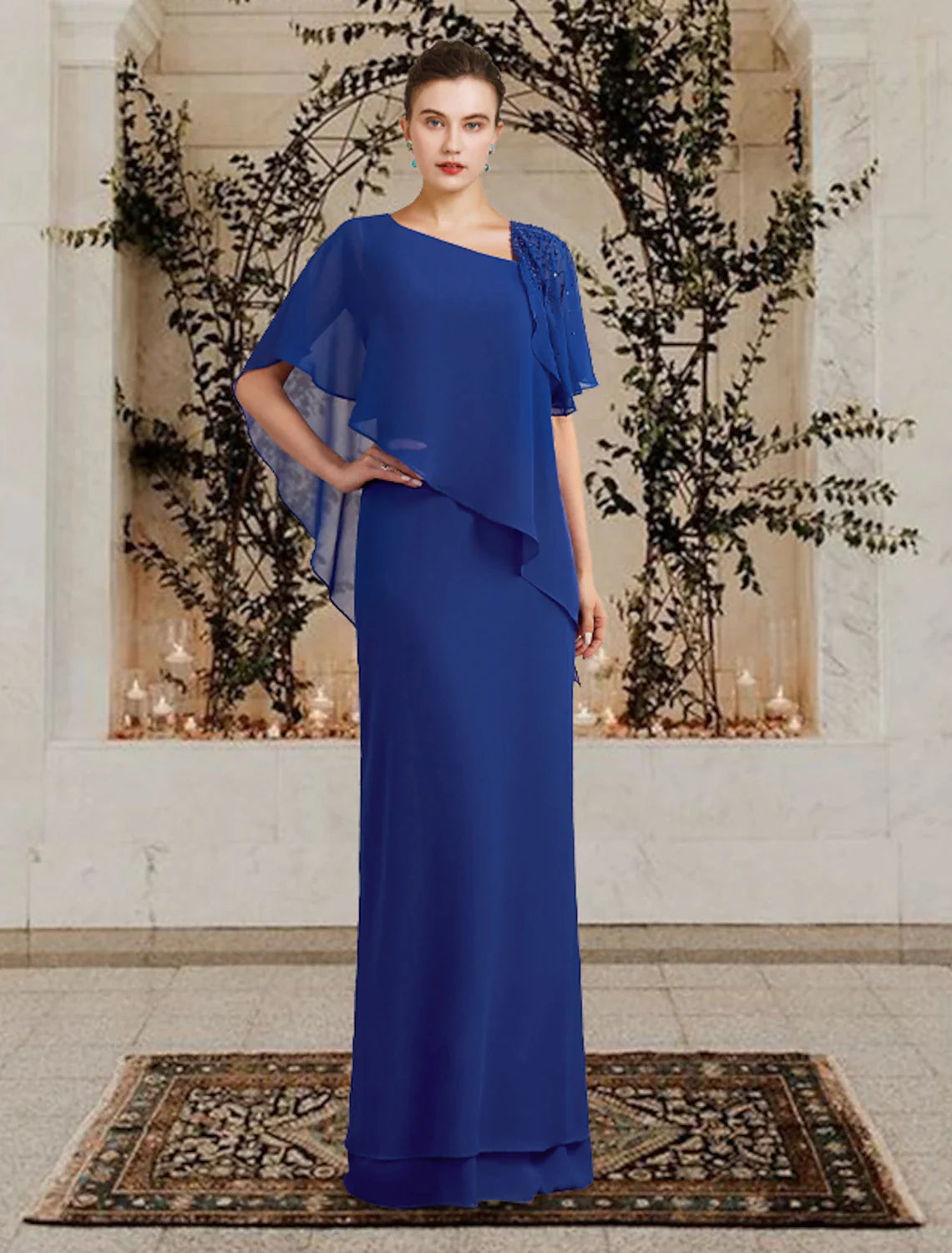 Vestido de Madre de la Novia con Corte Vaina/Columna, Talla Grande, Elegante, Escote Barco, Largo hasta el Suelo, Gasa, Manga Corta, con Volantes y Cuentas