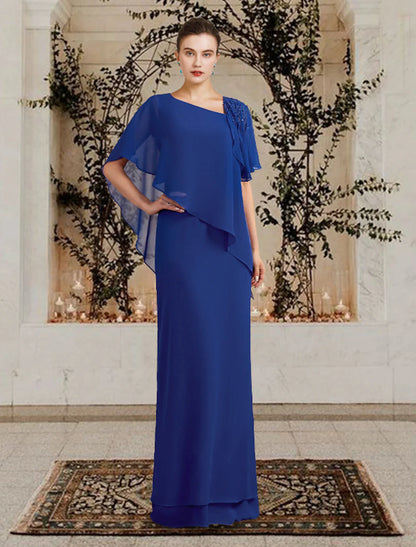 Vestido de Madre de la Novia con Corte Vaina/Columna, Talla Grande, Elegante, Escote Barco, Largo hasta el Suelo, Gasa, Manga Corta, con Volantes y Cuentas