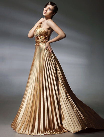 Vestido de fiesta formal de noche con cola larga y sin mangas, un hombro, satén elástico con pliegues, cuentas y drapeado lateral.