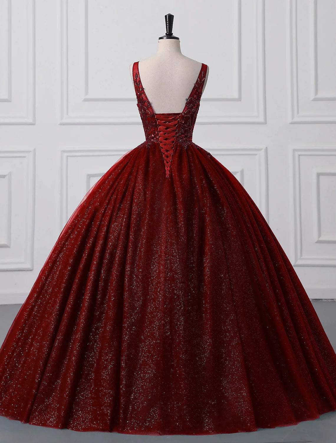 Vestido de fiesta con brillo y pedrería, para quinceañera, largo hasta el suelo, sin mangas, cuello en V, tul con apliques de lentejuelas.