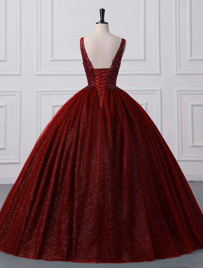 Vestido de fiesta con brillo y pedrería, para quinceañera, largo hasta el suelo, sin mangas, cuello en V, tul con apliques de lentejuelas.