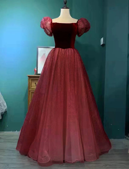 Vestido de fiesta de gala, bonito vestido de compromiso, largo hasta el suelo, manga corta, cuello cuadrado, tul con empalme de lentejuelas