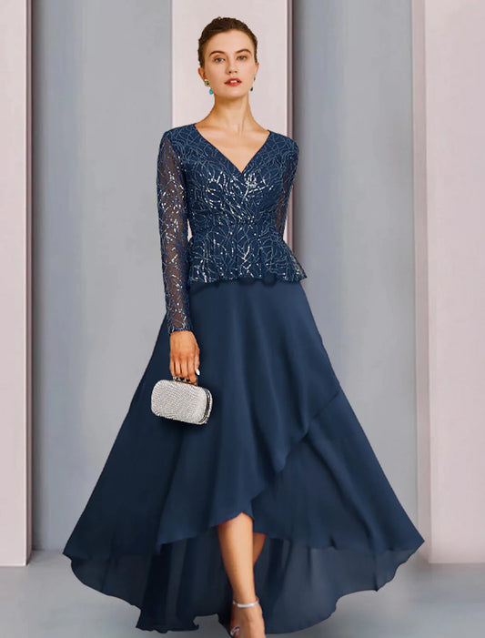 Vestido de Madre de la Novia con Corte en Columna, Elegante, Brillante, Escote en V, Asimétrico, Gasa, Encaje, Lentejuelas, Manga Larga con Pliegues