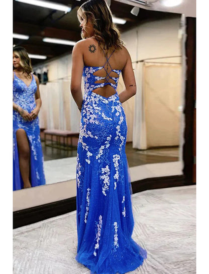 Vestidos de fiesta de sirena/trompeta, sexy, formal, con cola larga/cepillo, sin mangas, escote en V, tul, espalda descubierta y apliques con aberturas.