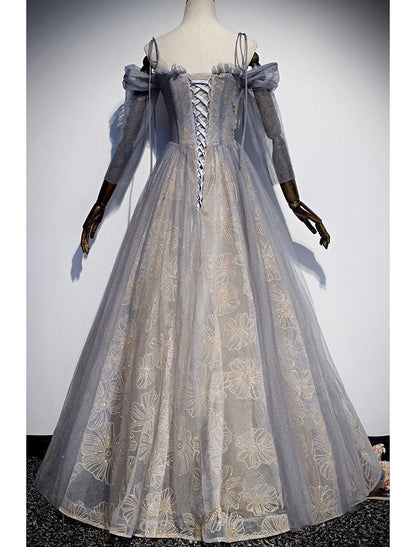 Vestidos de fiesta de corte A, brillantes, para invitadas de boda, largo hasta el suelo, mangas 3/4, tirantes finos, tul con bordado de lentejuelas