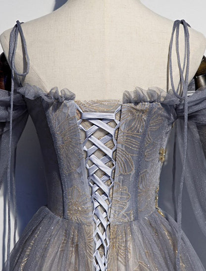 Vestidos de fiesta de corte A, brillantes, para invitadas de boda, largo hasta el suelo, mangas 3/4, tirantes finos, tul con bordado de lentejuelas