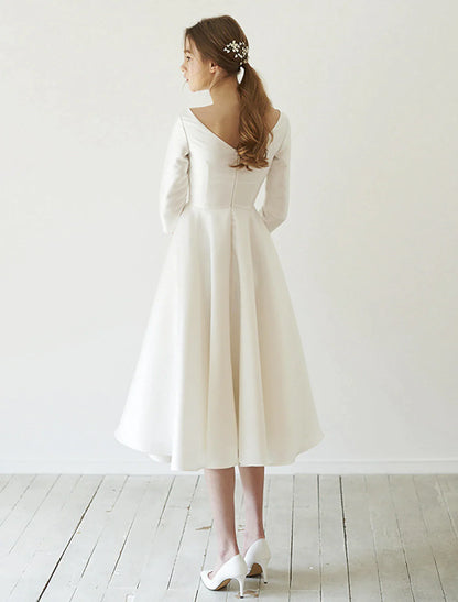 Reception Wedding Dresses Vintage 1940s / 1950s Fall Little White Dresses A-Line Scoop Neck 3/4 Length Sleeve Tea Length Satin Bridal Gowns With Pleats / Summer Wedding Party Women's Clothing