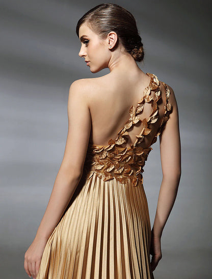 Vestido de fiesta formal de noche con cola larga y sin mangas, un hombro, satén elástico con pliegues, cuentas y drapeado lateral.