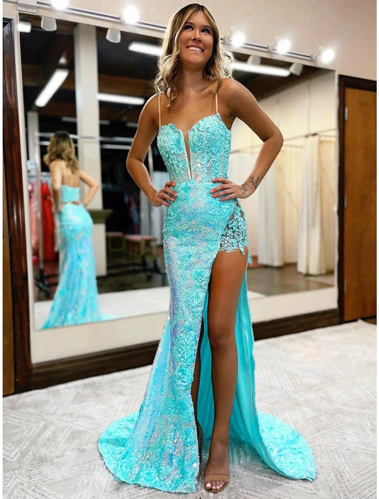 Vestidos de fiesta de sirena/trompeta, vestido de fiesta con abertura alta, vestido formal de cola de corte, sin mangas, cuello en V, lentejuelas con apliques de abertura
