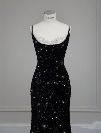 Vestido de noche de sirena/trompeta, sexy, formal, largo hasta el suelo, sin mangas, tirantes finos, con lentejuelas y lazo(s), cristales y lentejuelas
