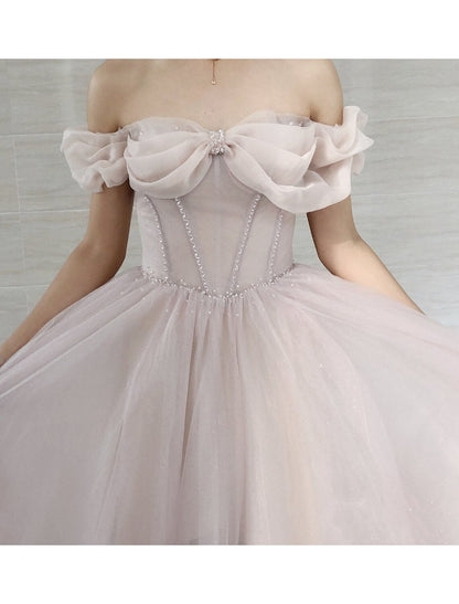 A-Line Prom Dresses Empire Dress Prom Sweep / Brush Train Short Sleeve Sweetheart Tulle with Pleats Beading