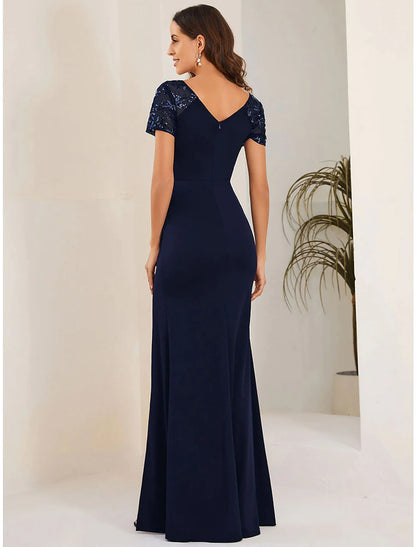 Vestidos de novia estilo sirena/trompeta para invitada, elegantes, formales, largos hasta el suelo, mangas cortas, escote en V, tejido elástico con abertura y cristales.