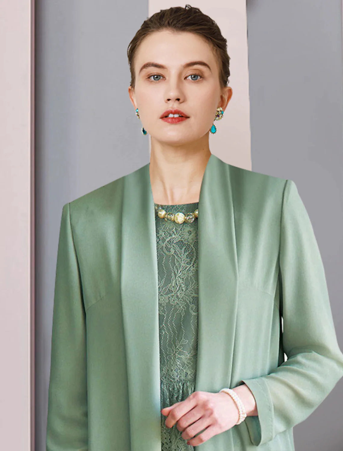 Dwuczęściowa sukienka typu tuba/kolumna dla matki panny młodej, formalna, na przyjęcie weselne, elegancka, z dekoltem w łódkę, z szyfonu i koronki, z rękawem 3/4, w jednolitym kolorze