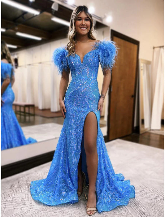 Vestidos de fiesta de sirena/trompeta con brillo y brillo, vestido formal de corte en cola, sin mangas, cuello en V, lentejuelas, espalda descubierta con abertura de lentejuelas