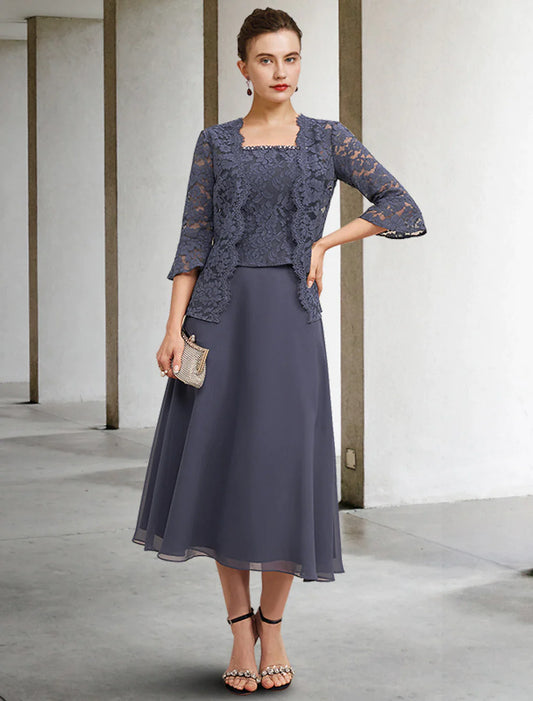 Suknia dla matki panny młodej w kształcie litery A, 3-częściowa, plus size, elegancka, z kwadratowym dekoltem, do kolan, z szyfonu i koronki, bez rękawów, z kopertowym dekoltem w zestawie, z falbankami i kryształkami