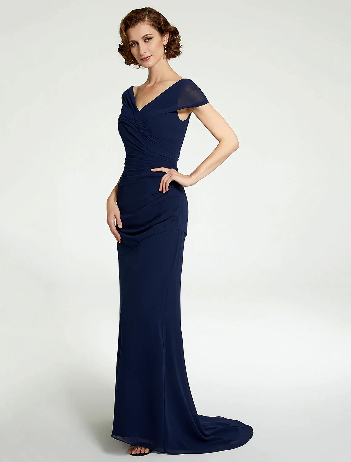 Vestido de madre de la novia de corte A, escote en V, largo hasta el suelo, de gasa, sin mangas, con fruncido de encaje