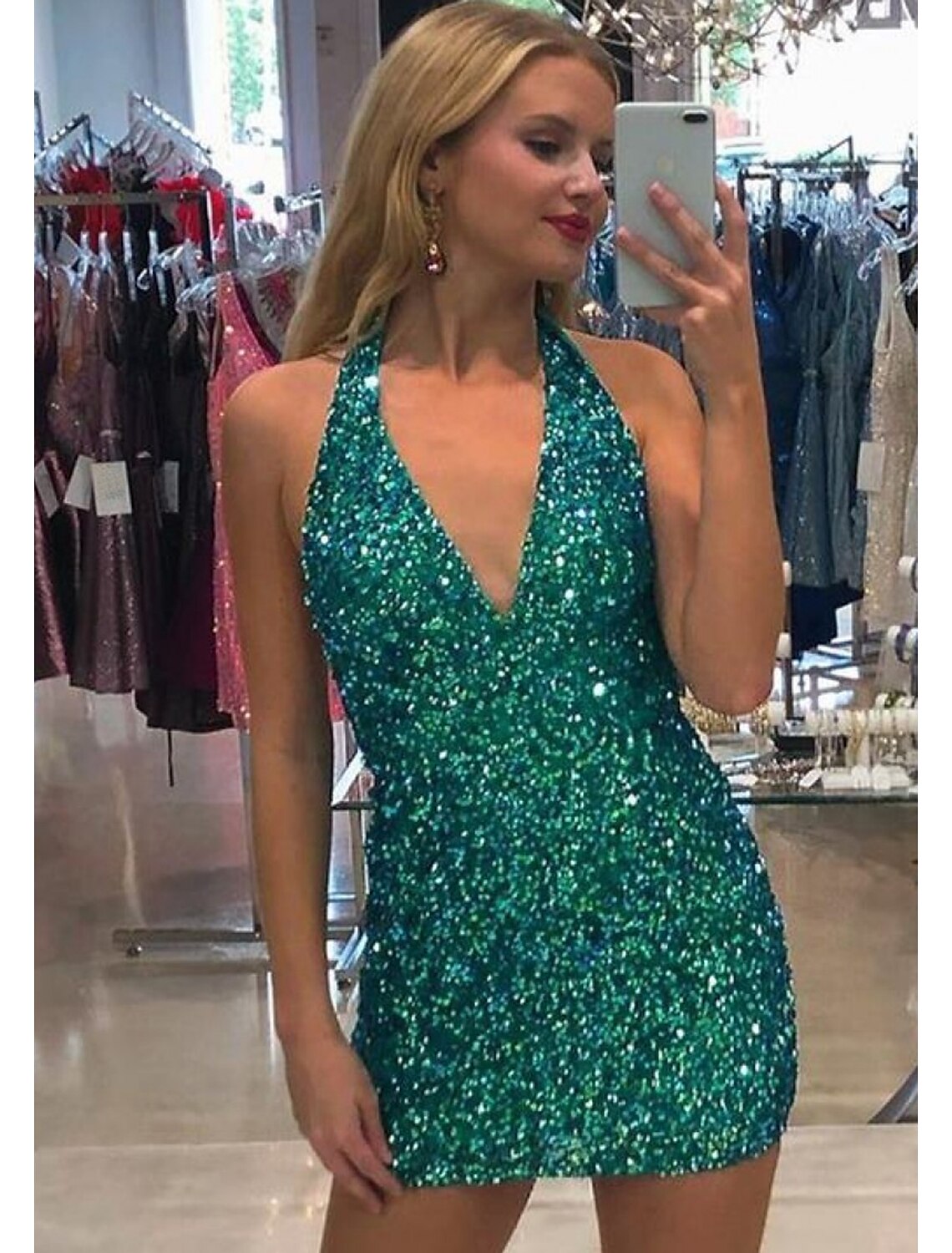 Vestidos de fiesta de sirena/trompeta, vestido sexy para cóctel, corto/mini, sin mangas, cuello en V, con lentejuelas y espalda descubierta.