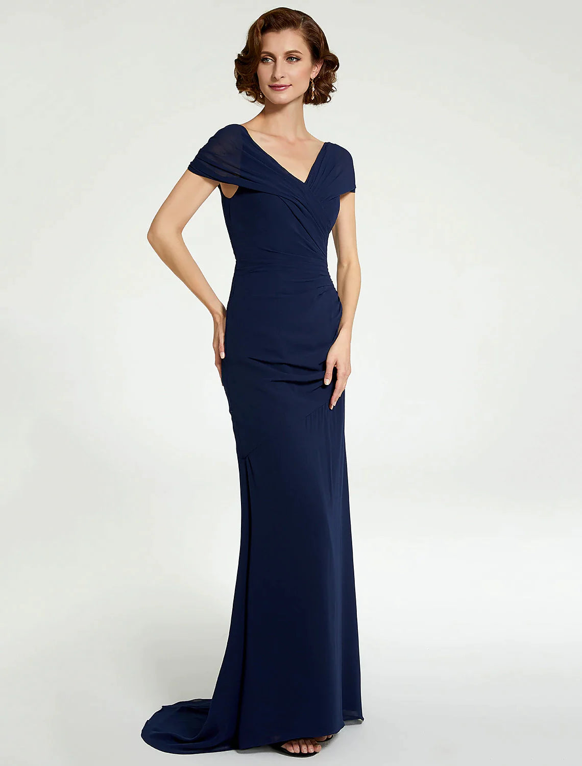 Vestido de madre de la novia de corte A, escote en V, largo hasta el suelo, de gasa, sin mangas, con fruncido de encaje