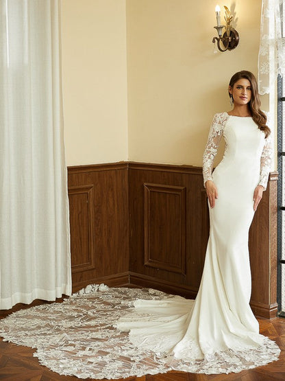 Vestidos de novia con corte tubo/columna, encaje crepé elástico, mangas largas y escote redondo, cola catedral