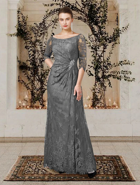 Suknia dla matki panny młodej w kształcie litery A, plus size, elegancka, z biżuterią, sięgająca do ziemi, z krótkim rękawem i falbankami, z kryształową broszką, z drapowaniem po bokach
