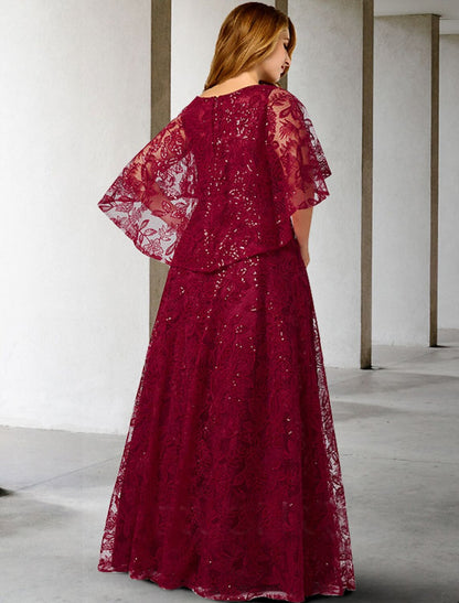 A-Line Mother of the Bride Dress Plus Size Elegant Jewel Neck Floor Length Lace Half Sleeve No with Sequin Appliques
