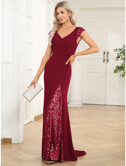 Mermaid / Trumpet Evening Gown Vintage Dress Party Wear Floor Length Short Sleeve V Neck Sequined with Pleats Sequin