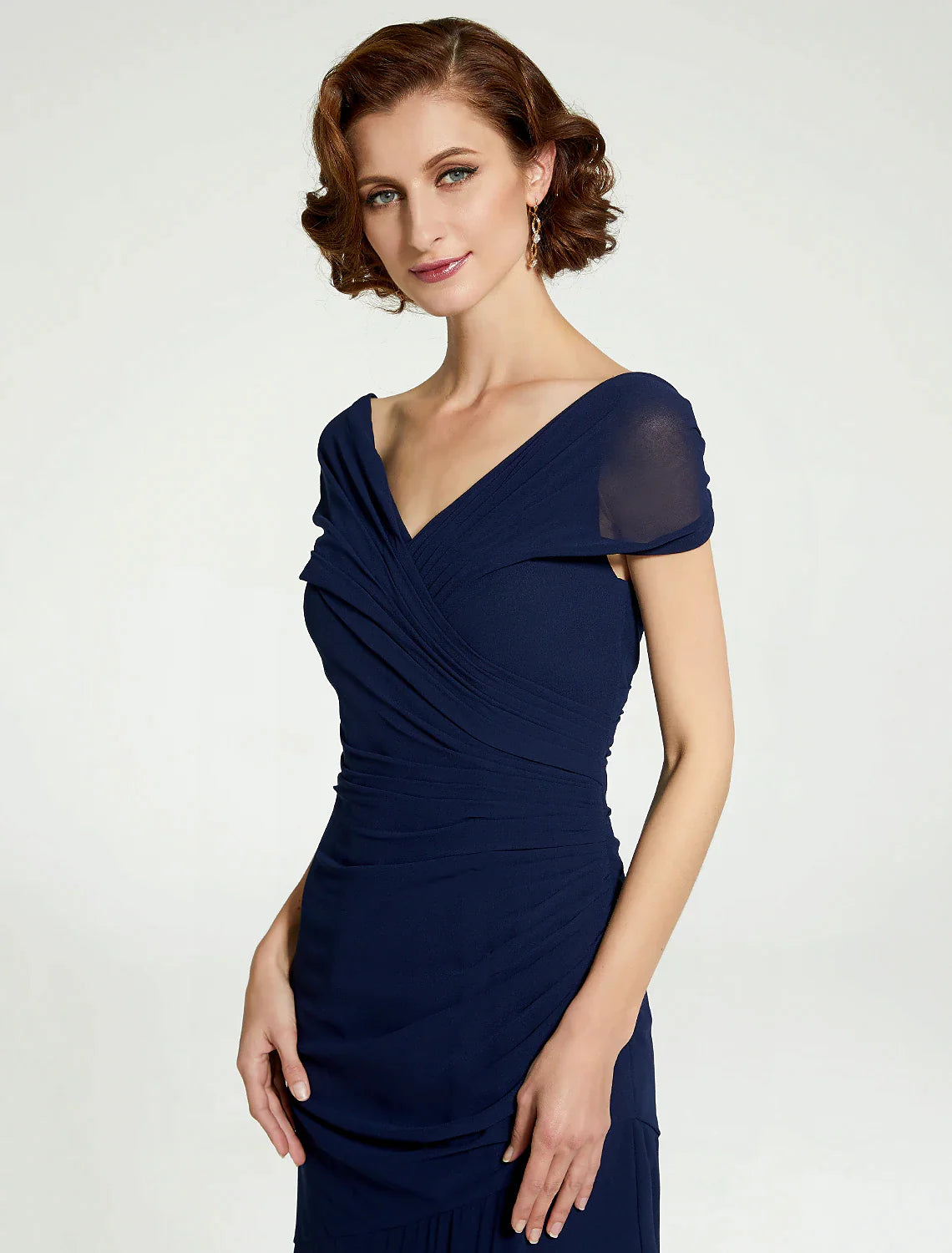 Vestido de madre de la novia de corte A, escote en V, largo hasta el suelo, de gasa, sin mangas, con fruncido de encaje