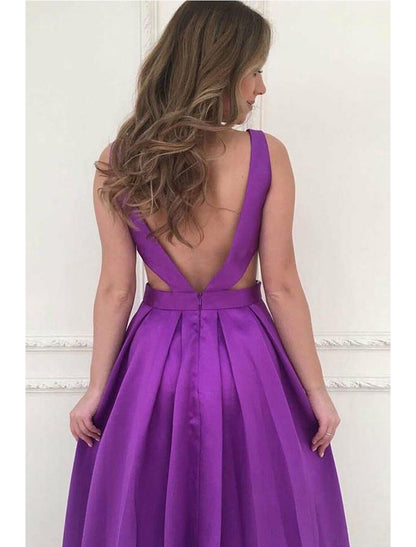 Vestidos de fiesta de corte A, minimalistas, formales, largos hasta el suelo, sin mangas, escote en V, bolsillos, satén elástico, espalda descubierta, escote en V con pliegues y bolsillos.