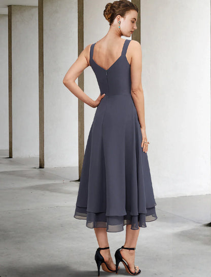 A-Line Mother of the Bride Dress Elegant V Neck Tea Length Chiffon Lace Sleeveless Jacket Dresses with Tier Solid Color