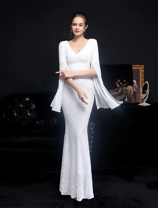 Vestido de noche de sirena/trompeta con brillo y destellos, formal, largo hasta el suelo, manga larga, cuello en V y lentejuelas.