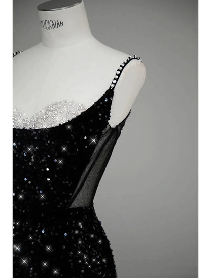 Vestido de noche de sirena/trompeta, sexy, formal, largo hasta el suelo, sin mangas, tirantes finos, con lentejuelas y lazo(s), cristales y lentejuelas