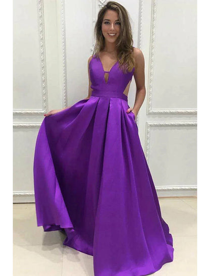 Vestidos de fiesta de corte A, minimalistas, formales, largos hasta el suelo, sin mangas, escote en V, bolsillos, satén elástico, espalda descubierta, escote en V con pliegues y bolsillos.