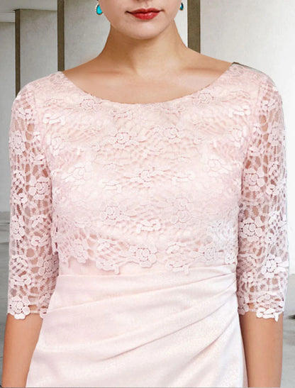 Vestido de madre de la novia de dos piezas, estilo tubo/columna, elegante, estilo iglesia, cuello joya, largo hasta la rodilla, satén, encaje, media manga, chaqueta, vestidos con drapeado lateral.