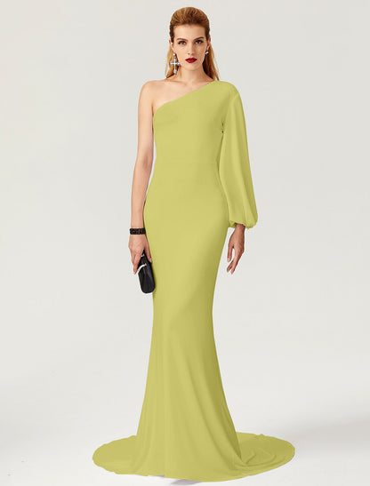 Vestido de celebridad estilo sirena/trompeta, de compromiso, con cola de corte, manga larga, un hombro, jersey con pliegues