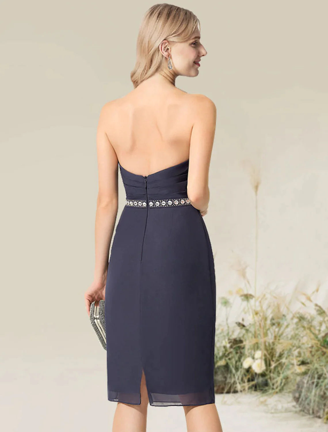 Vestido de cóctel con corte tubo/columna, convertible, para invitada de boda, largo hasta la rodilla, manga corta, sin tirantes, con encaje y apliques de encaje.