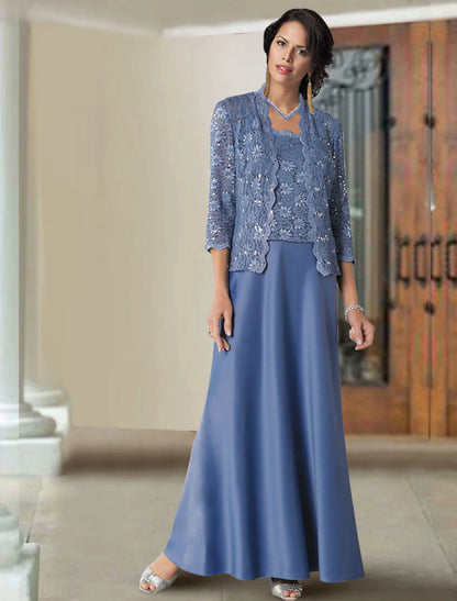 Vestido elegante de dos piezas de corte A para madre de la novia, escote cuadrado, tirantes finos, largo hasta el suelo, de gasa, encaje, sin mangas, cruzado incluido con color sólido