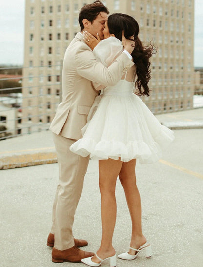 Vestidos de novia blancos cortos de recepción, vestidos de novia de corte A, cuello alto, manga larga, vestidos de novia cortos/mini de organza con falda recogida