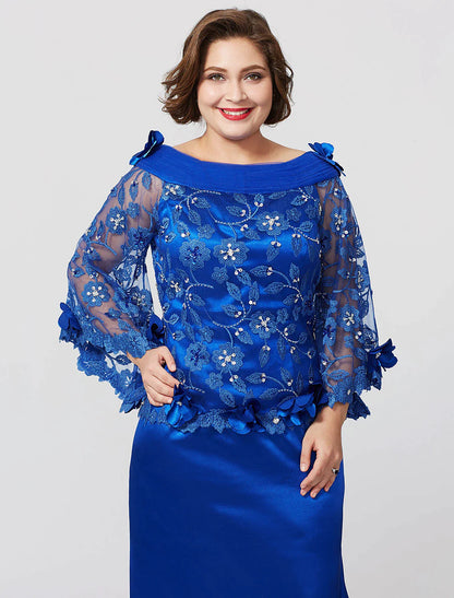 Suknia dla matki panny młodej w kroju syreny / trąbki, formalna, plus size, elegancka, dekolt w łódkę, tren z rozcięciem / szczotką, koronka na szarmezie, długi rękaw, bez plis, falbanki