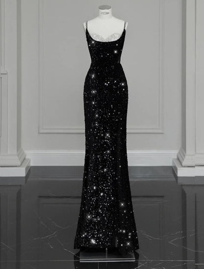 Vestido de noche de sirena/trompeta, sexy, formal, largo hasta el suelo, sin mangas, tirantes finos, con lentejuelas y lazo(s), cristales y lentejuelas