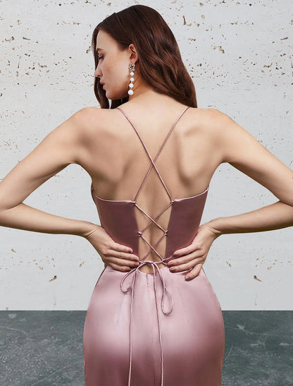 Vestidos de fiesta de sirena/trompeta, vestido vintage, largo hasta el suelo, sin mangas, escote corazón, charmeuse, espalda descubierta con abertura