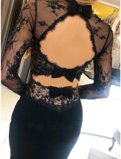 Vestidos de fiesta de sirena/trompeta con espalda abierta, vestido formal de corte en cola, manga larga, sin tirantes, tejido elástico, espalda descubierta con apliques de cuentas