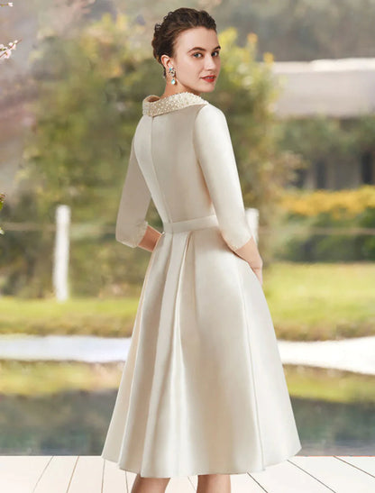 A-Line Mother of the Bride Dress Wedding Guest Elegant Jewel Neck Knee Length Satin Half Sleeve with Beading