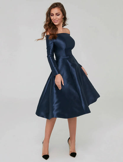 Vestidos de fiesta para ocasiones especiales, corte A, para invitadas de boda, largo hasta la rodilla, manga larga, hombros descubiertos, satén con pliegues
