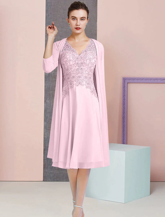Suknia dla matki panny młodej w kształcie litery A, formalna, dla gości weselnych, elegancka, w stylu vintage, z dekoltem w serek, do kolan, z szyfonu i koronki, z rękawami o długości 3/4, z aplikacjami z koralików i cekinów